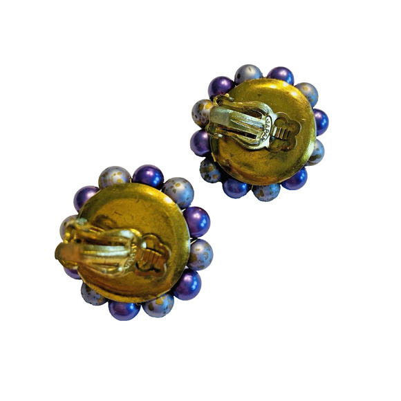Vintage Mid Century Purple Lavender Beaded Clip On Earrings Clusters Gold Japan - Picture 2 of 7